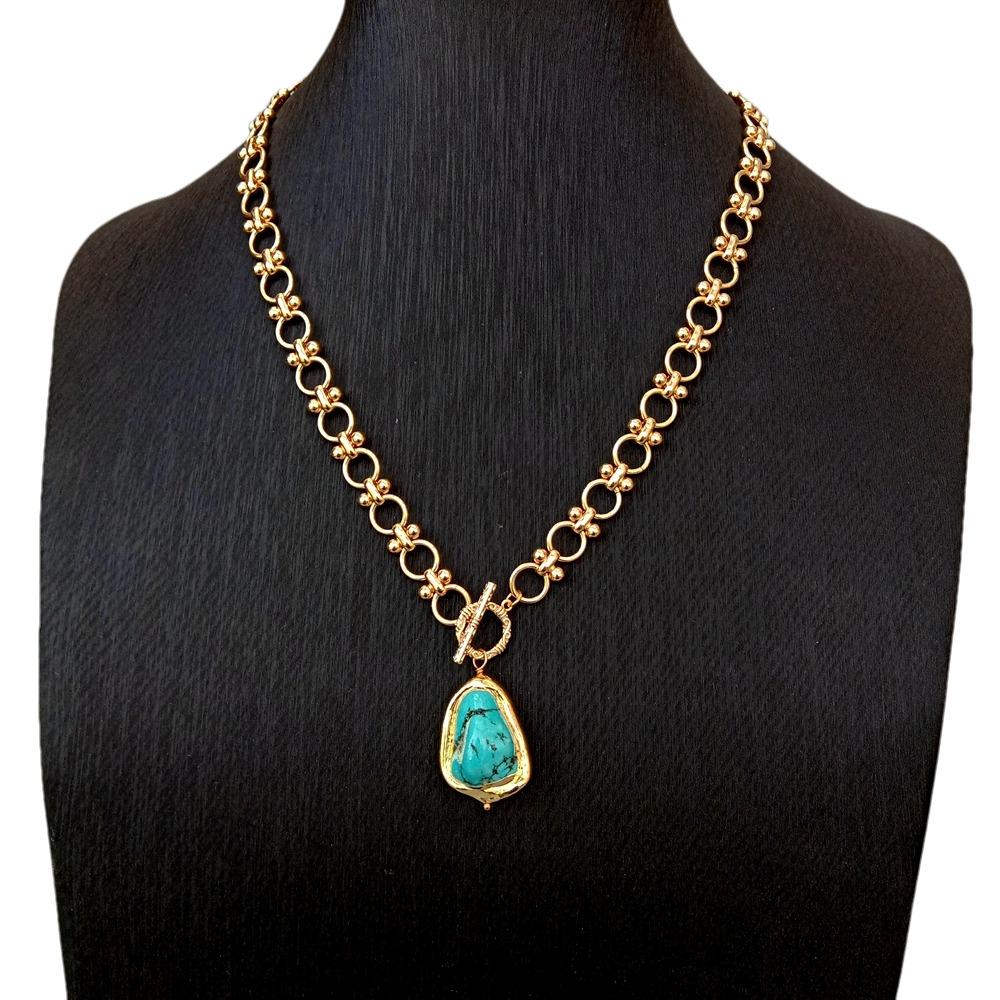 KKGEM Gold Plated Link Chain 22x28mm Blue Turquoise Pendant Chokers Necklace Designer Gems Jewelry