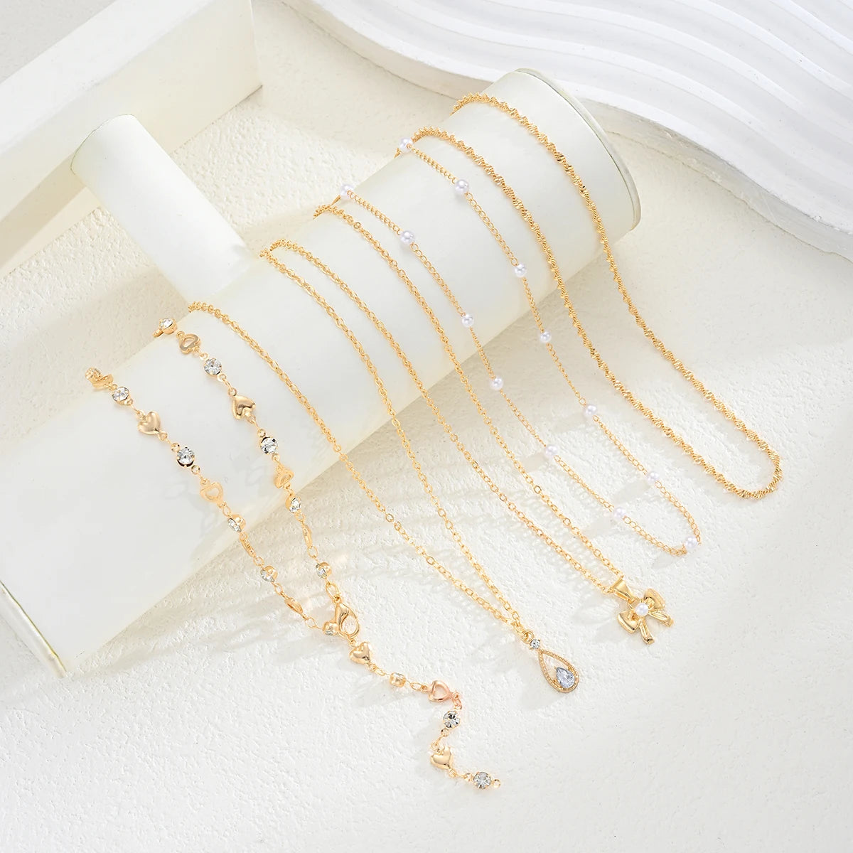Zircon Pearl Bow Heart Layered Necklace Set Jewelry