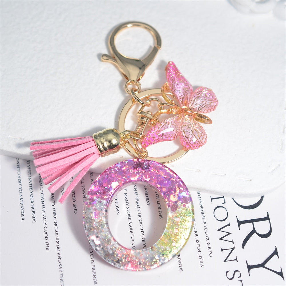 Cute Resin A-Z Initials Letter Keychain Pink Sparkle Butterfly Tassel Pendant Keyring for Women Girl Purse Handbags Jewelry Gift - Charlie Dolly