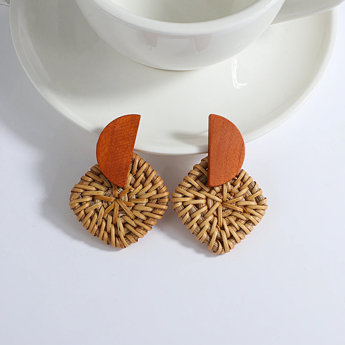 Wooden Rattan Braid Geometric Drop Earrings Jewelry