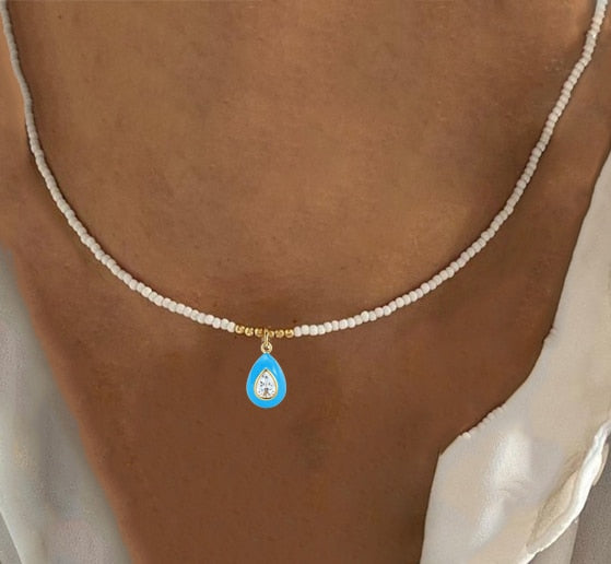 Fashion Classic White Rice Beads White Shell Stone Short Necklace Retro Charm Moon Eyes Pendant Jewelry Christmas Halloween Gift