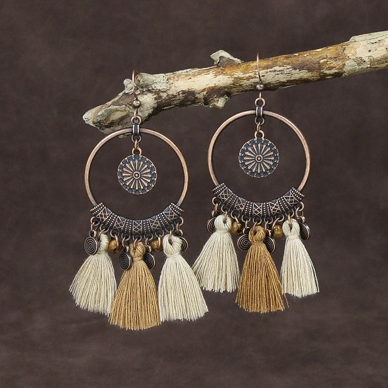 Wooden Bead Flower Leaf Long Tassel Earrings Jewelry