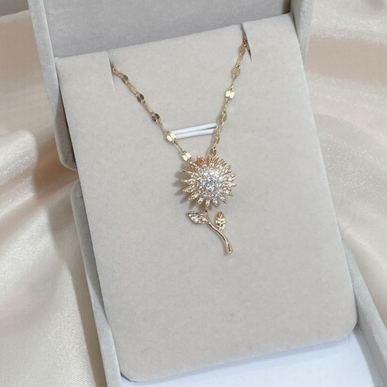 Fashion Exquisite Rotatable Sunflower Pendant Necklace Personality Shiny Zircon Rotating Anxiety Titanium Steel Necklace Jewelry