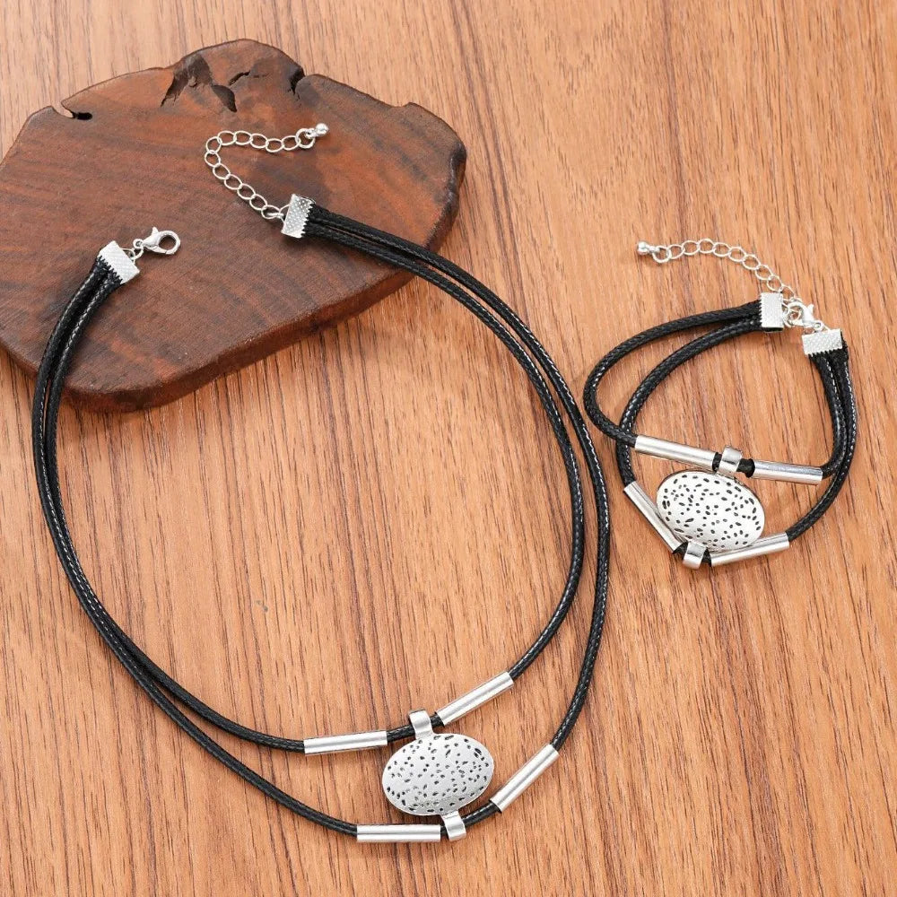 Leather Rope Oval Pendant Necklace Bracelet Set Jewelry