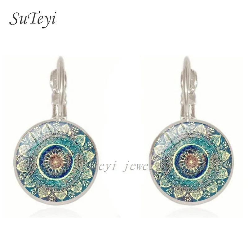 Green Mandala Lotus Glass Drop Earrings Jewelry