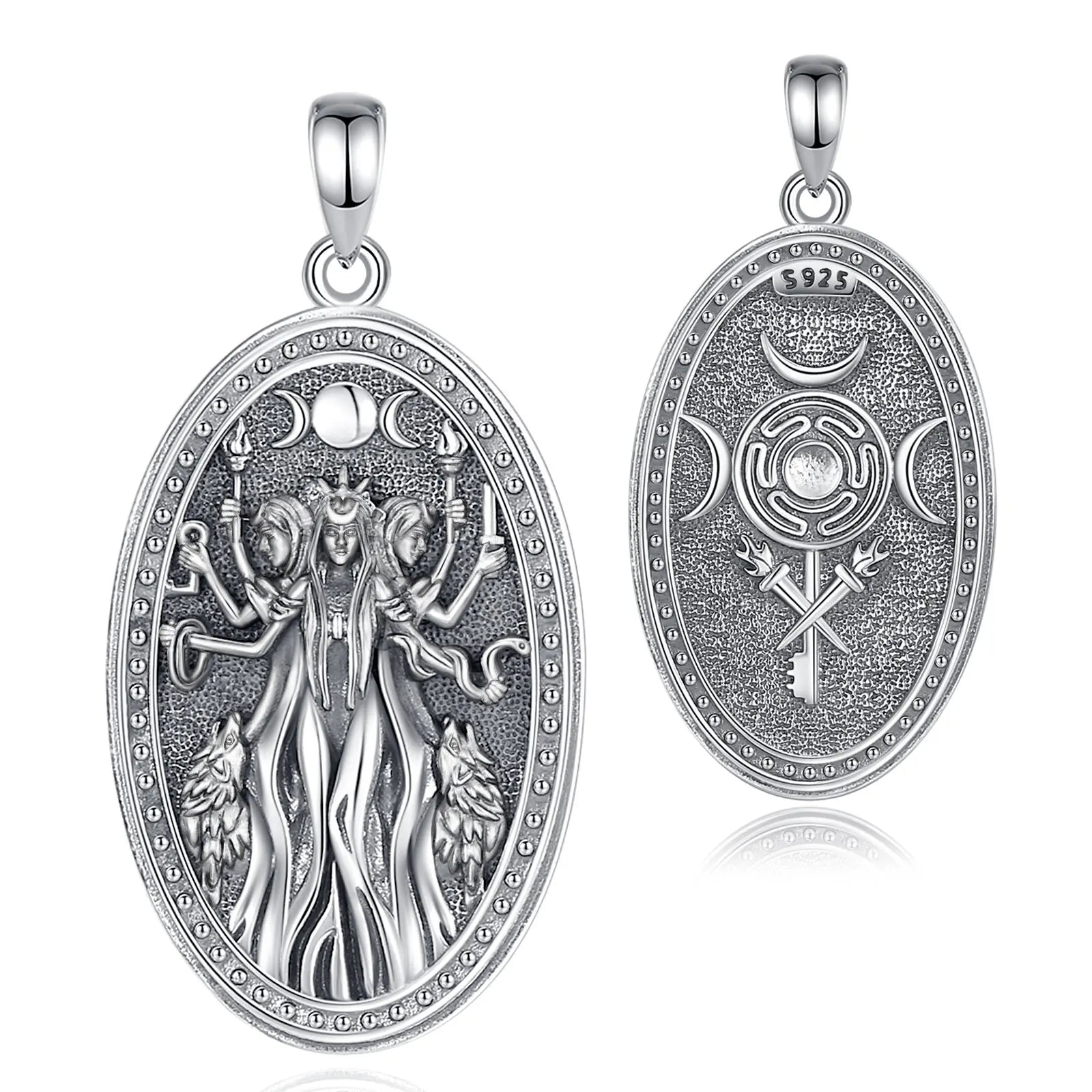 Triple Moon Goddess Hecate Hound Necklace, S925 Sterling Silver