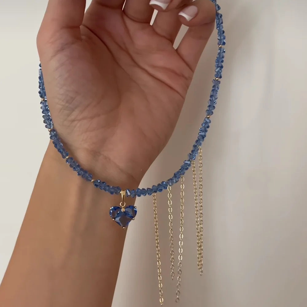 Geometric Crystal Zircon Heart Bead Necklace Jewelry
