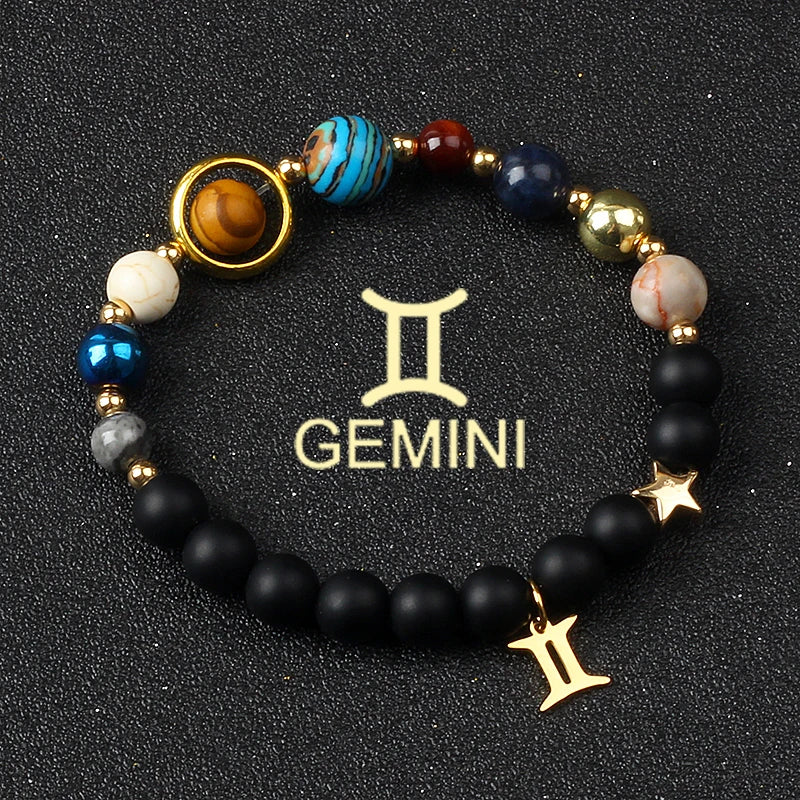 Eight Planets & Twelve Zodiac Beaded Bracelet, Natural Stone Cosmic Astrology Talisman