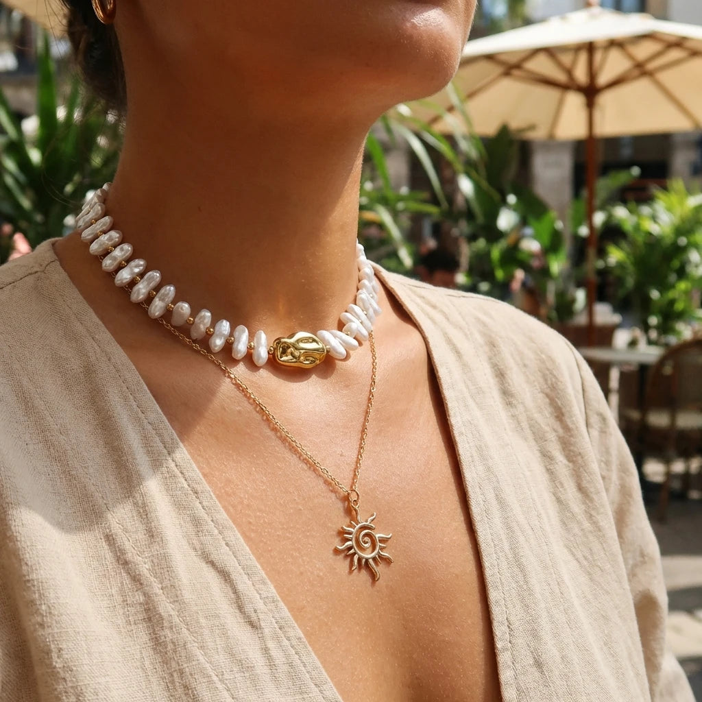 Layered Sun Pendant Bead Choker Necklace Jewelry