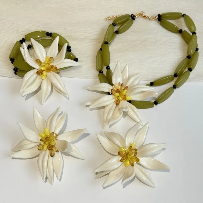 Bohemian Large Lotus Flower Choker Necklace Set, Acrylic Resin Statement Jewelry