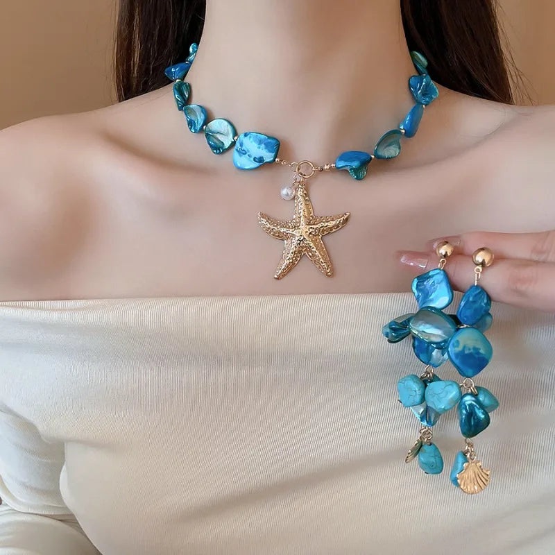 Irregular Shell, Starfish and Pearl Tassel Necklace and Earring Set