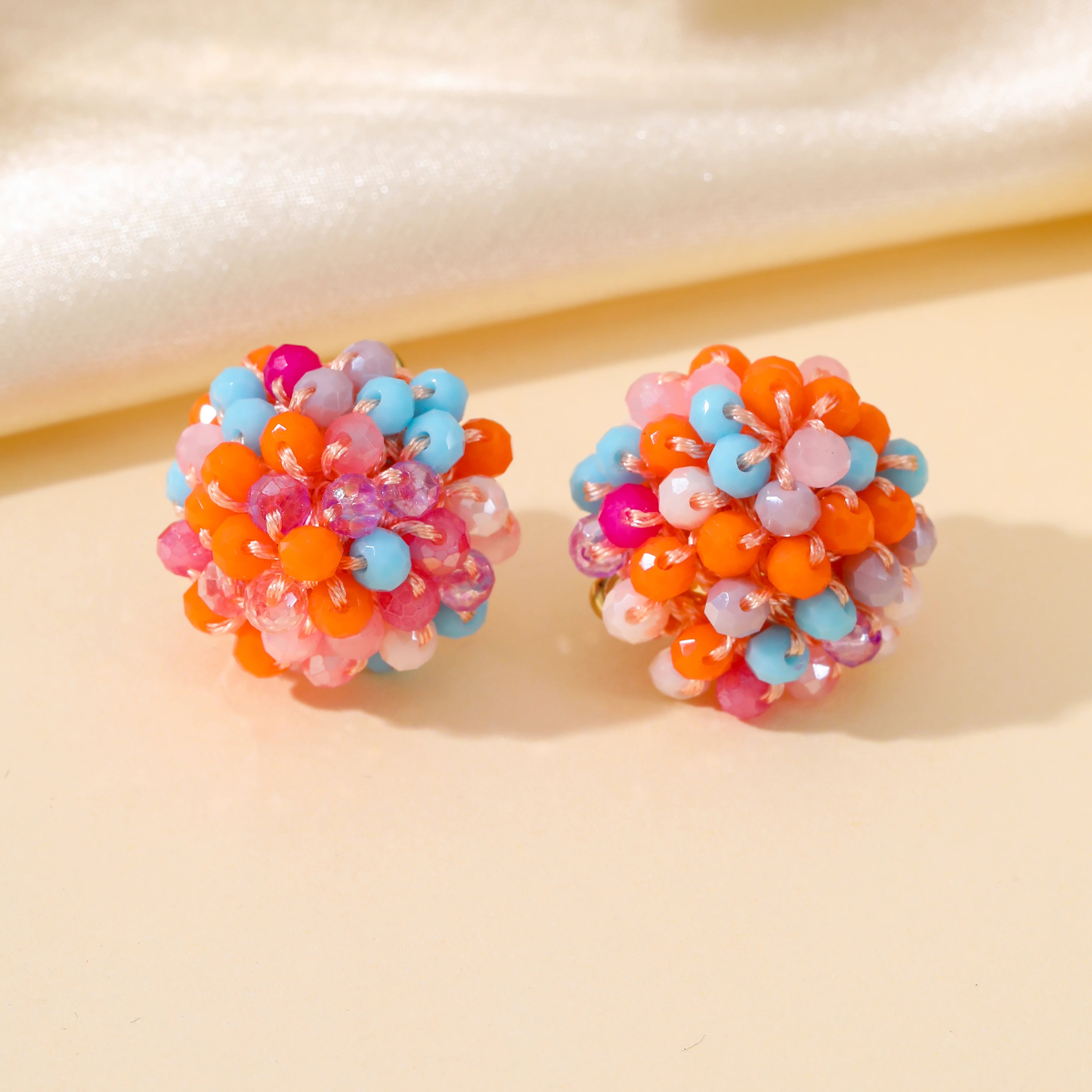 Braided Crystal Bead Round Stud Earrings Jewelry