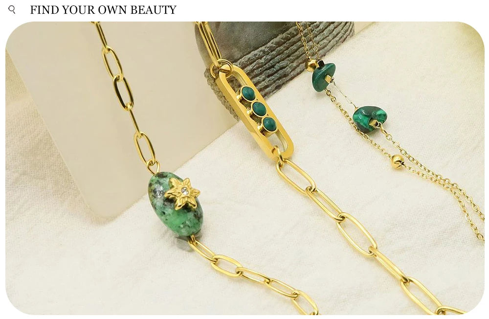 WILD & FREE Boho Vintage Green Natural Stone Bracelets for Women Stainless Steel Trendy Charms Aesthetic Jewelry Set - Charlie Dolly