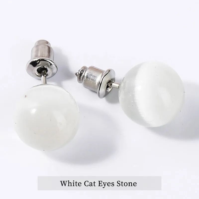 Natural Stone Agate Quartz Lapis Lazuli Tiger Eye Round Bead Stud Earrings Women Fashion Simple Stainless Steel Crystal Ear Stud - Charlie Dolly