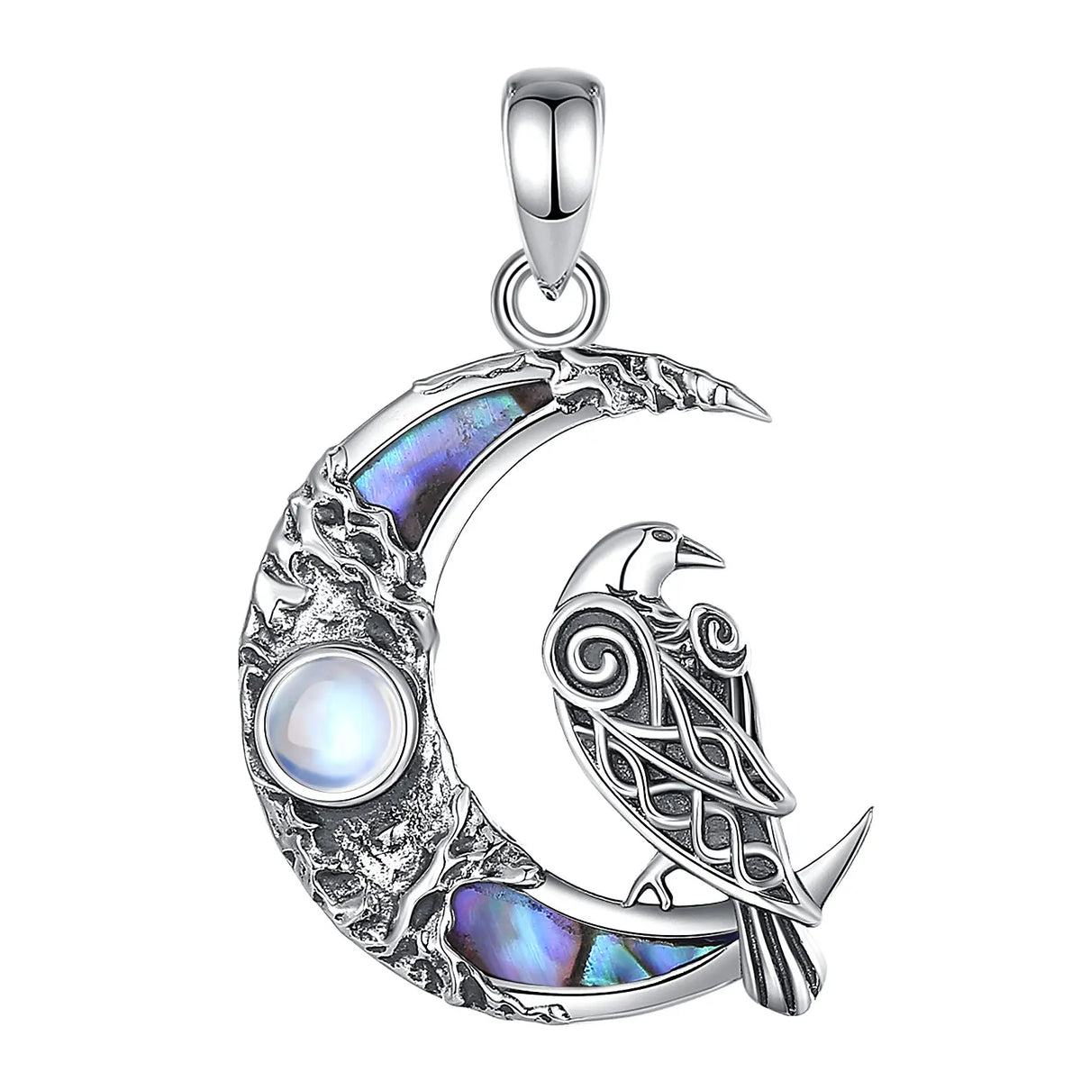 Sterling Silver 925 Viking Raven & Pentagram Moon Necklace, Abalone Shell Amulet