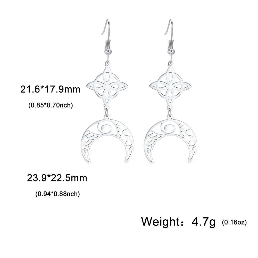 Triple Moon, Rune & Pentagram Hoop Earrings, Stainless Steel Witchy Amulet