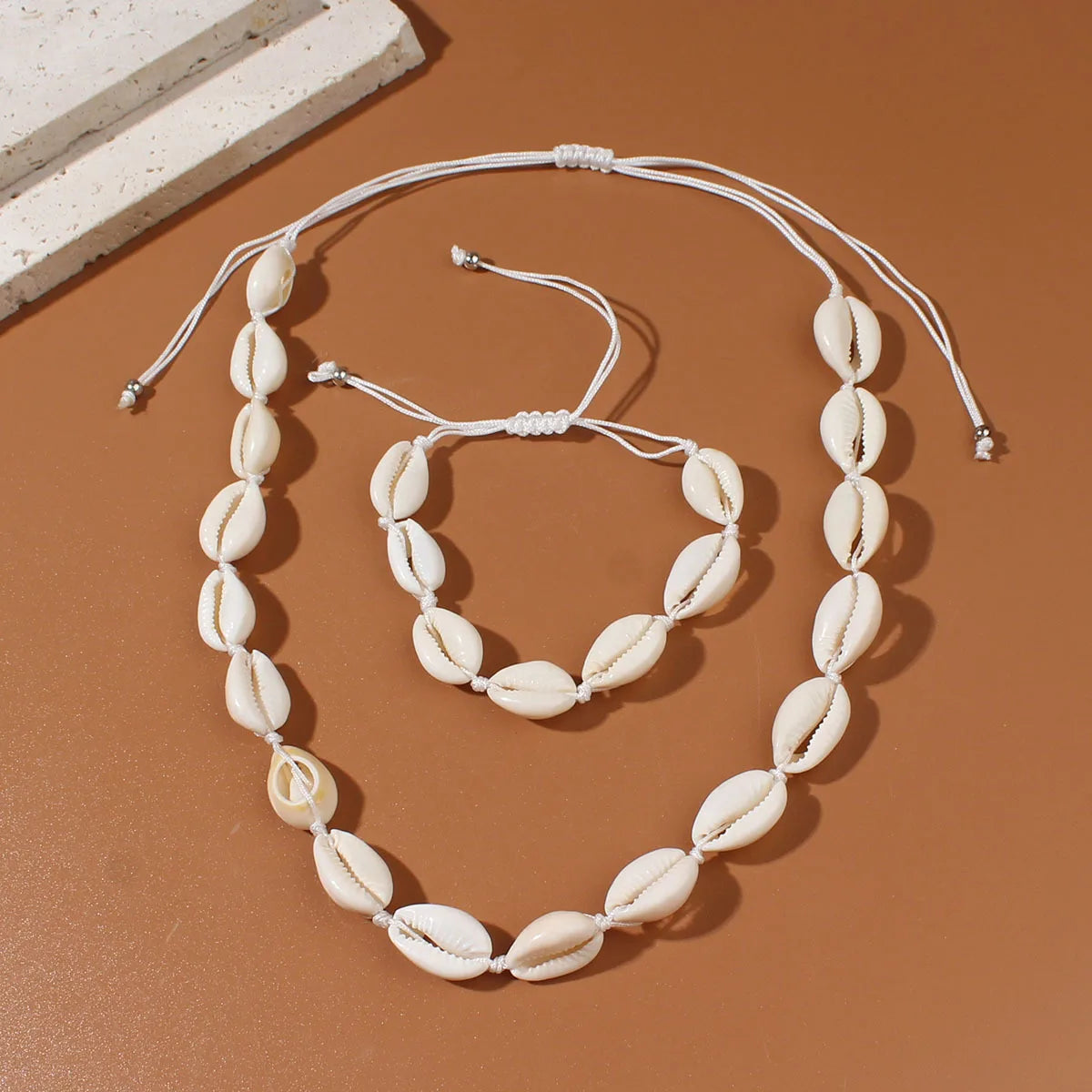 Handmade Braided Shell Necklace and Bracelet Boho Set