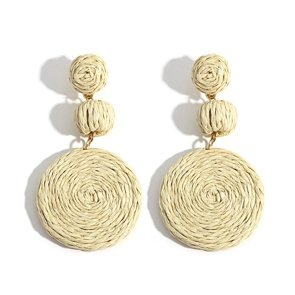 Yellow Raffia Knit Round Drop Earrings Jewelry