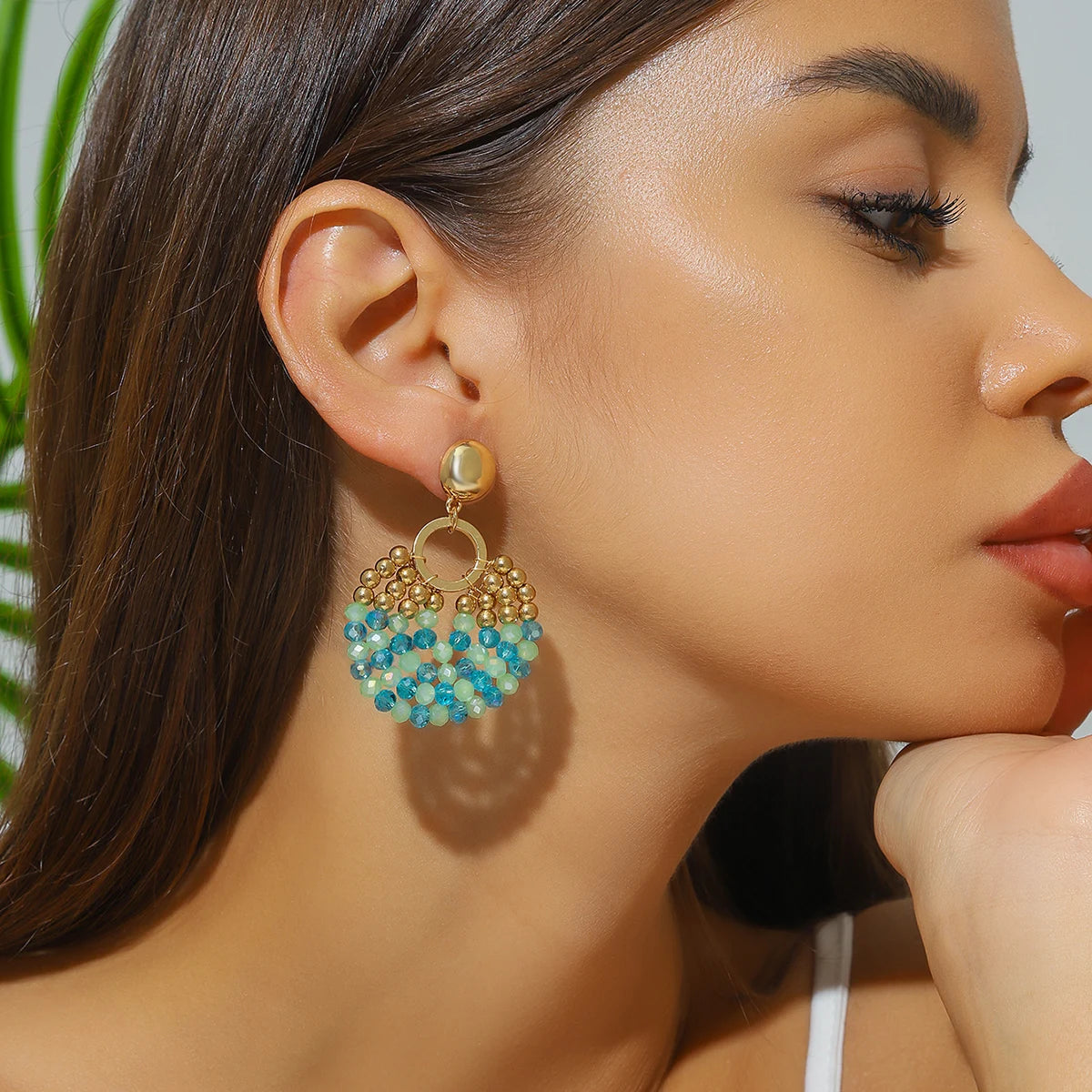Layered Crystal Bead Round Drop Earrings Jewelry