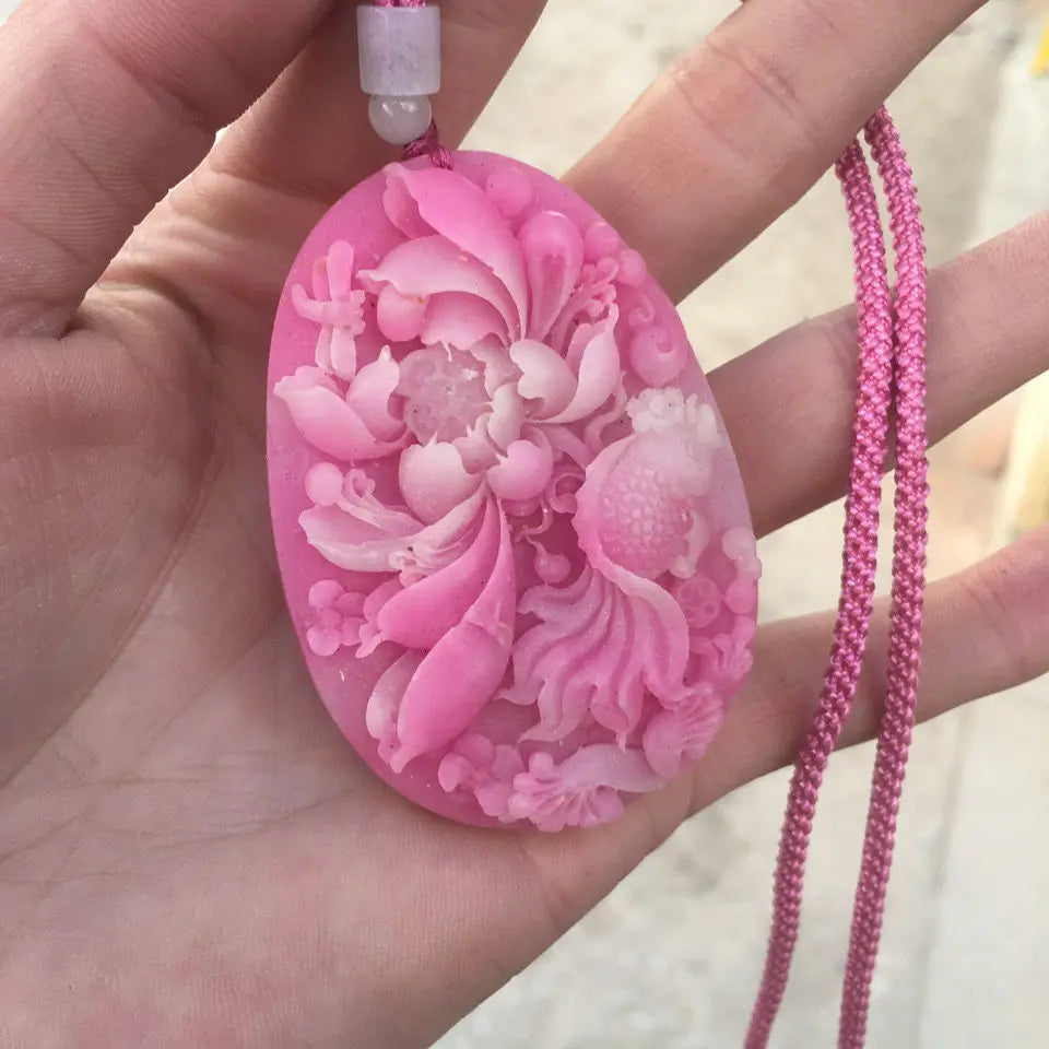Peach Blossom Jade & Natural Opal Palace Style Sweater Chain Necklace, Fairy Talisman
