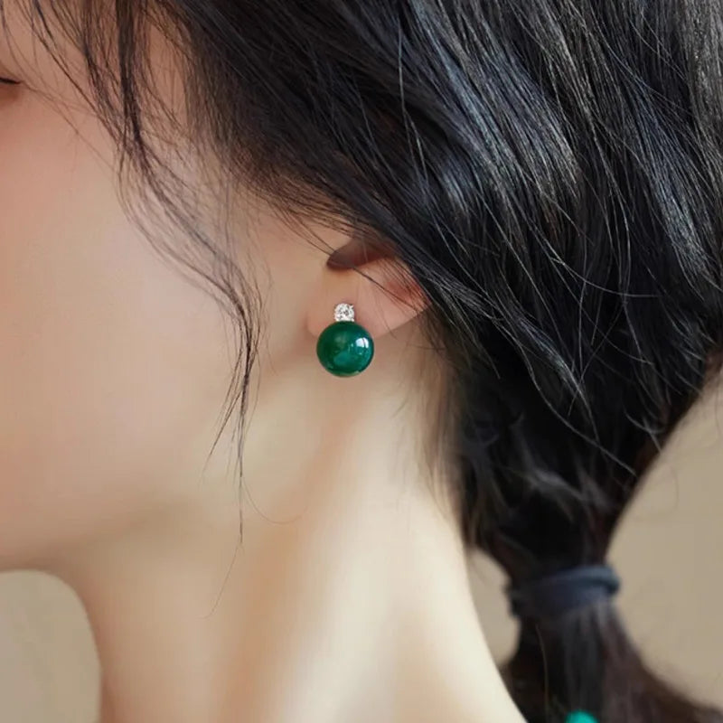 Green Jade & CZ Drop Earrings, Luxury Natural Stone Office Boho Jewelry
