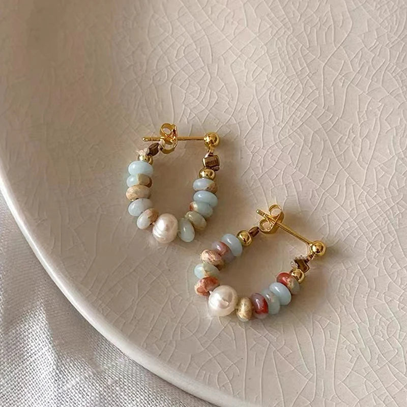 Natural Stone & Pearl Beaded Drop Earrings, Vacation Boho Summer Jewelry
