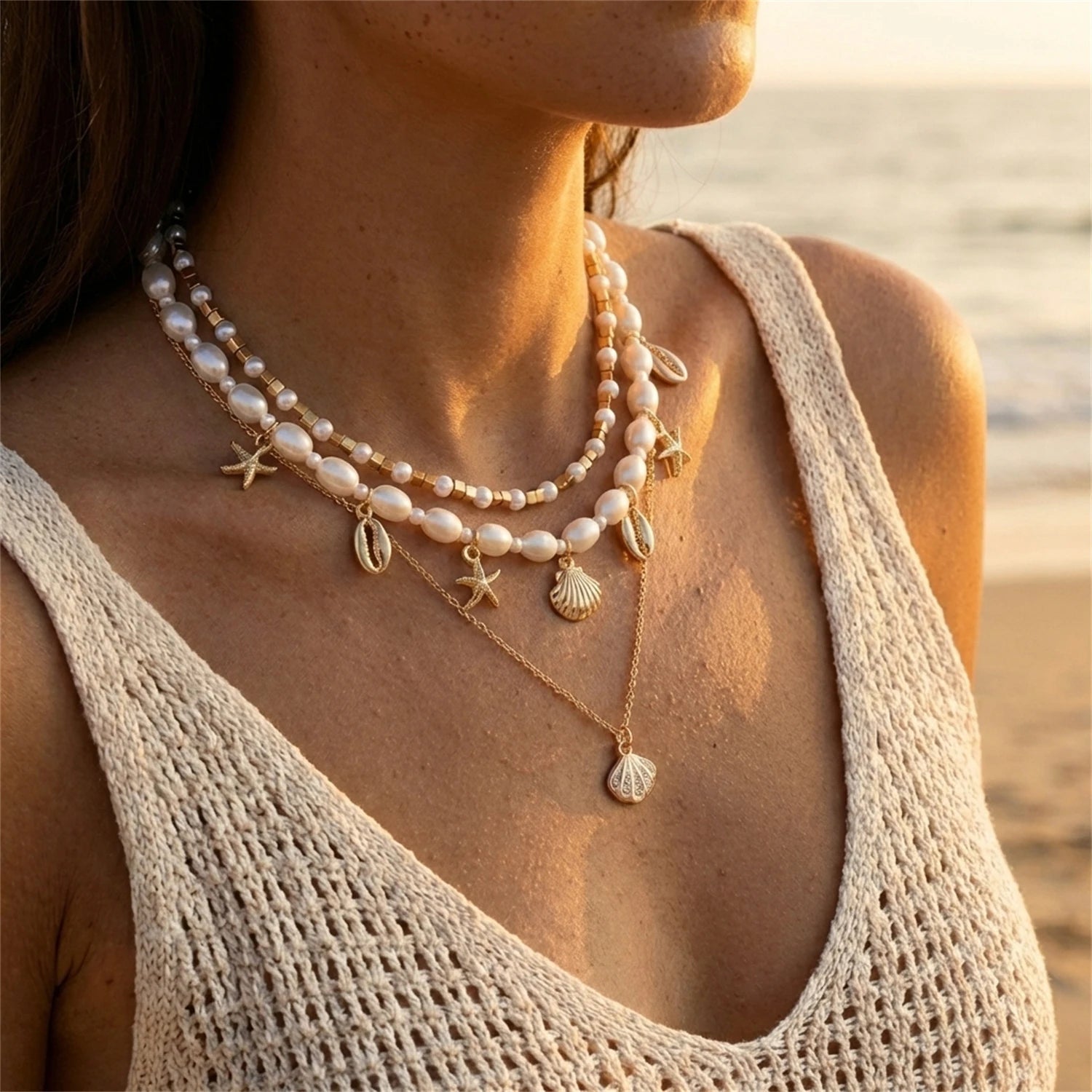 Starfish Shell and Pearl Layered Choker