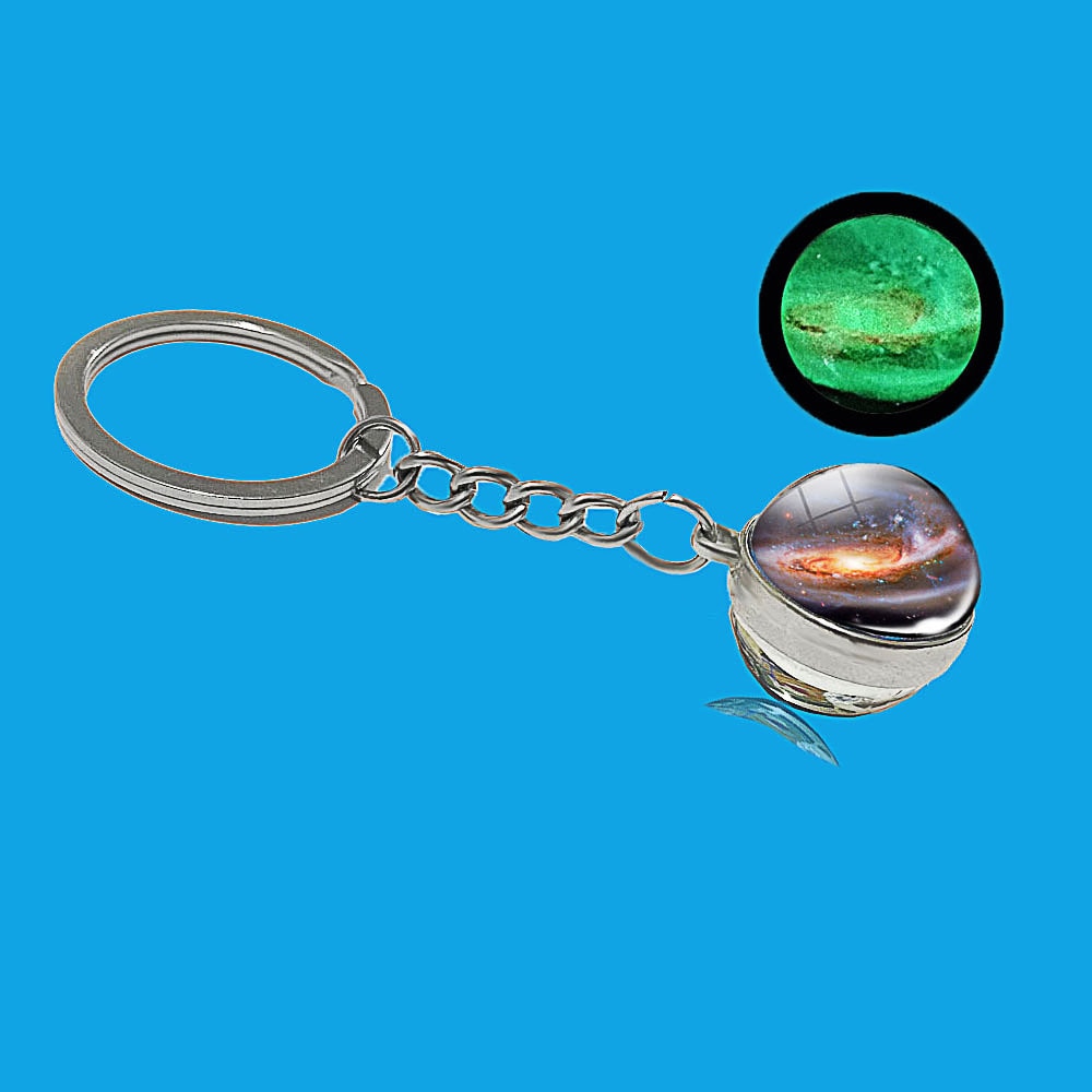 Glow In The Dark Solar System Galaxy Planet Keychain Jupter Moon Earth Mars Sun Nebula Double Side Glass Ball Key Chain Pendant
