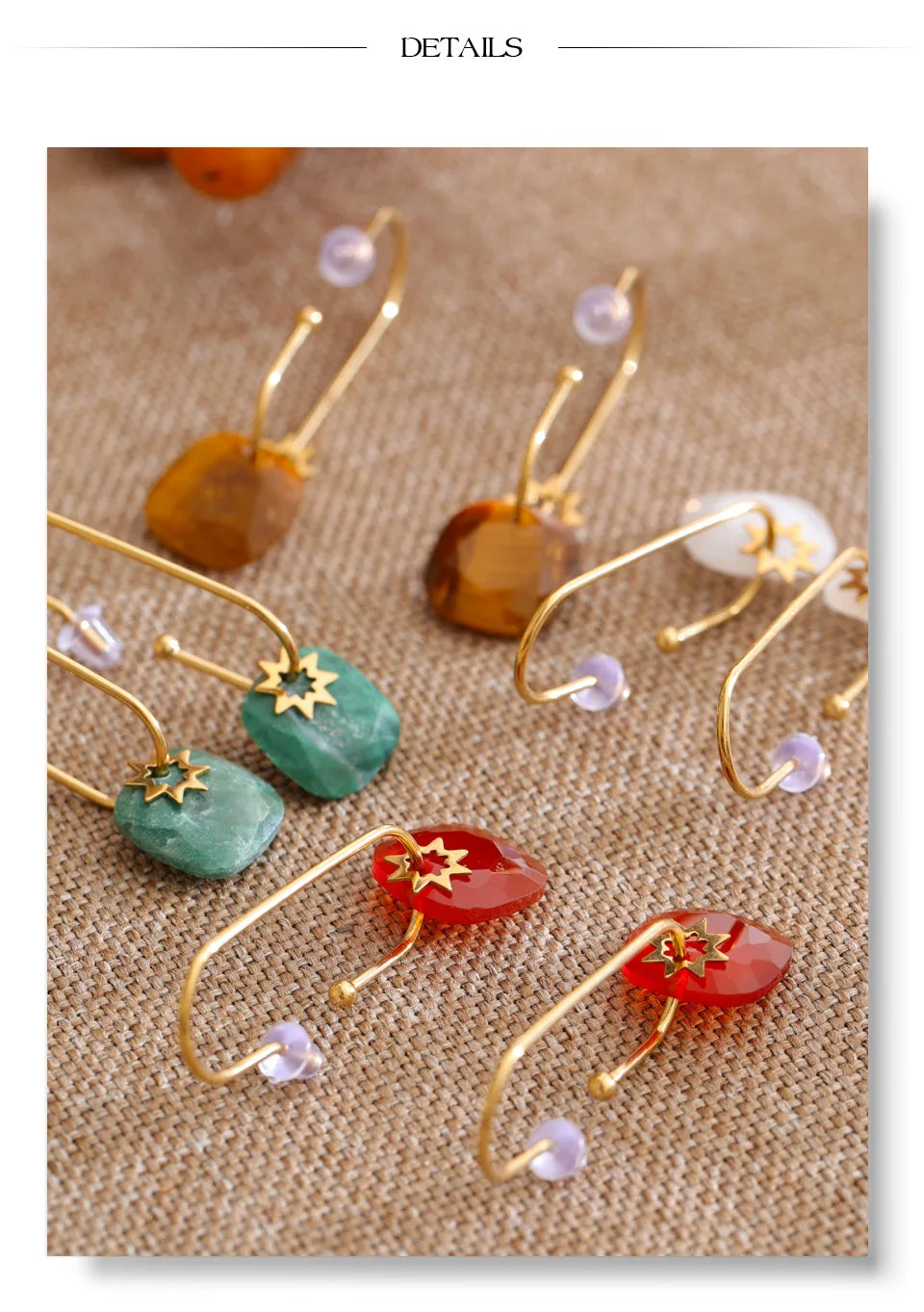 Natural Stone Square Drop Earrings, Tiger Eye Agate 14K Gold Waterproof Stainless Steel Jewelry