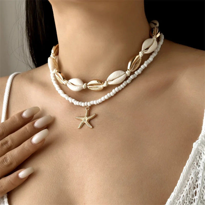 Gold Starfish Shell Rice Bead Choker Necklace Jewelry