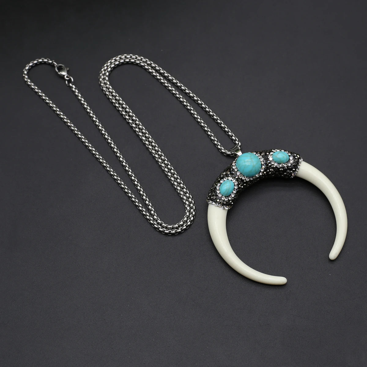 Natural Stone Horn Necklace Reiki Heal Turquoise Rhinestone Crescent Moon Pendant Stainless Steel Chain Boho Necklaces Jewelry - Charlie Dolly