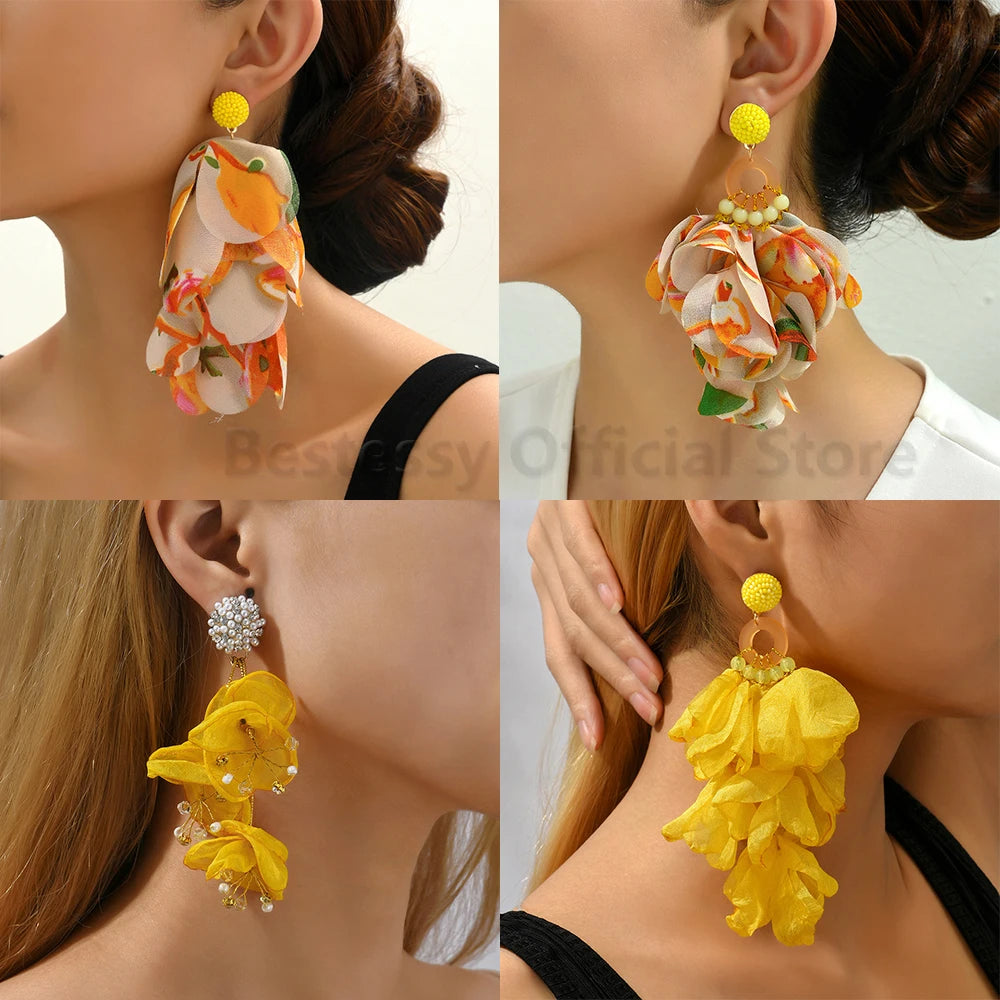 Cotton Flower Petal Beaded Tassel Earrings Jewelry