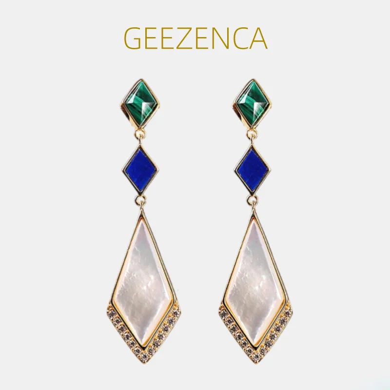 GEEZENCA Malachite Lapis Lazuli Shell 925 Silver Dangle Earrings For Women Unusual Geometric Natural Stone Drop Earring Gift - Charlie Dolly