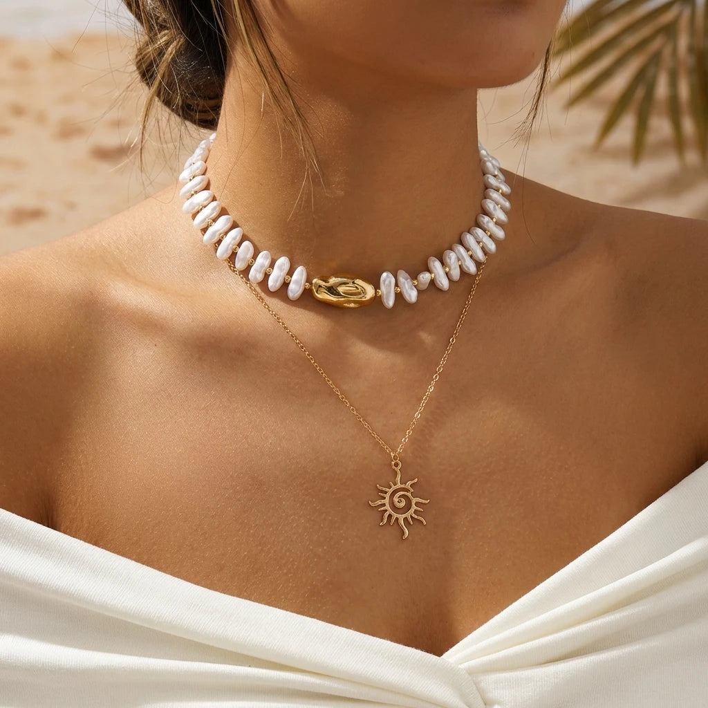 Layered Sun Pendant Bead Choker Necklace Jewelry