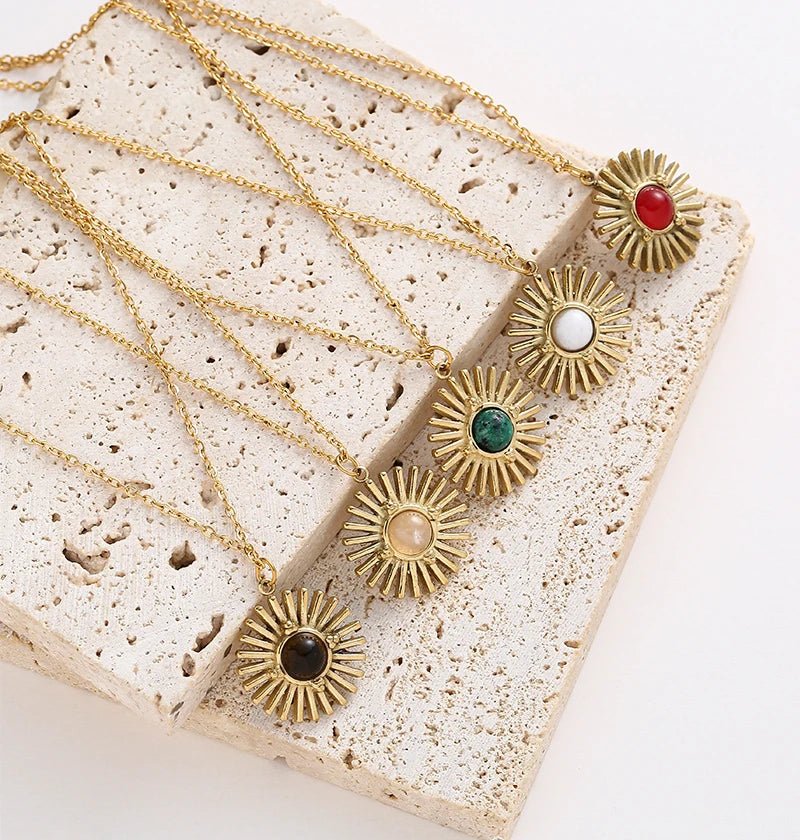 Boho Natural Stone Sun Flower Necklace for Women Bohemian Retro Stainless Steel Necklace Choker Necklaces Fashion Jewelry - Charlie Dolly