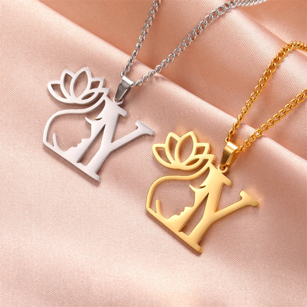Lotus Flower Initial Letter Pendant, Personalized Stainless Steel Necklace