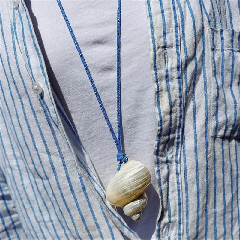 Vacation Conch Shell and Blue Rope Boho Pendant Necklace