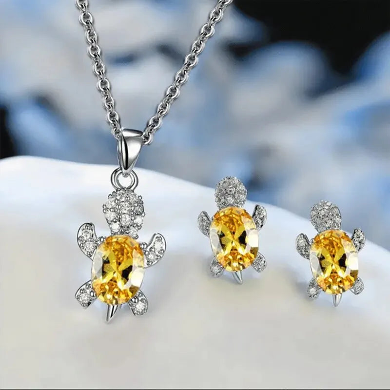 Sea Turtle Necklace & Earrings Set of 3, Silver-Plated Multi-Color Glass Ocean Jewelry