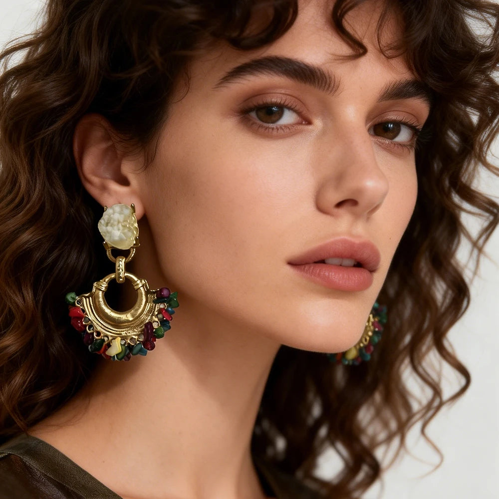 Resin Stone Beaded Drop Earrings, Vintage Statement Boho Jewelry