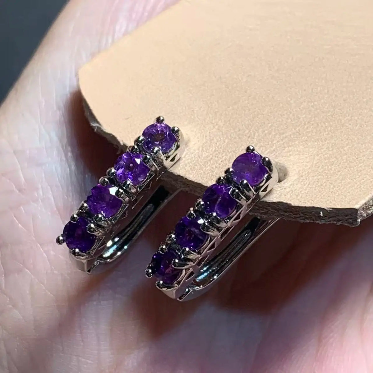 Natural Amethyst Stud Hoop Earrings, 925 Silver-Plated Vintage Hypoallergenic Jewelry