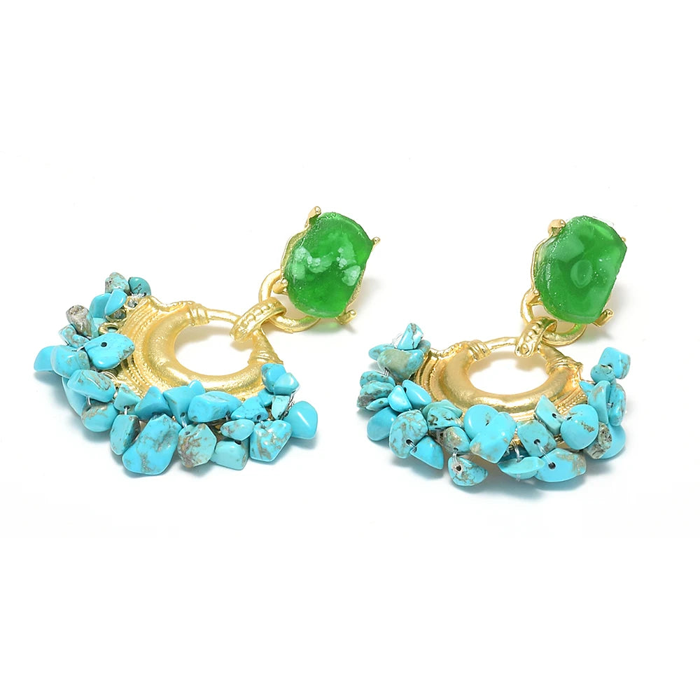 Resin Stone Beaded Drop Earrings, Vintage Statement Boho Jewelry