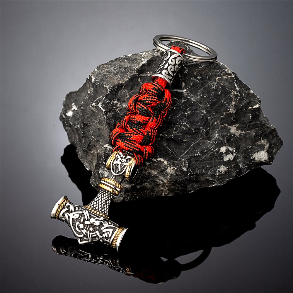 Norse Thor's Hammer Vikings Keychain Men Charm Braided Lanyard Stainless Steel Keyring Valknut Rune Handmade Retro Jewelry
