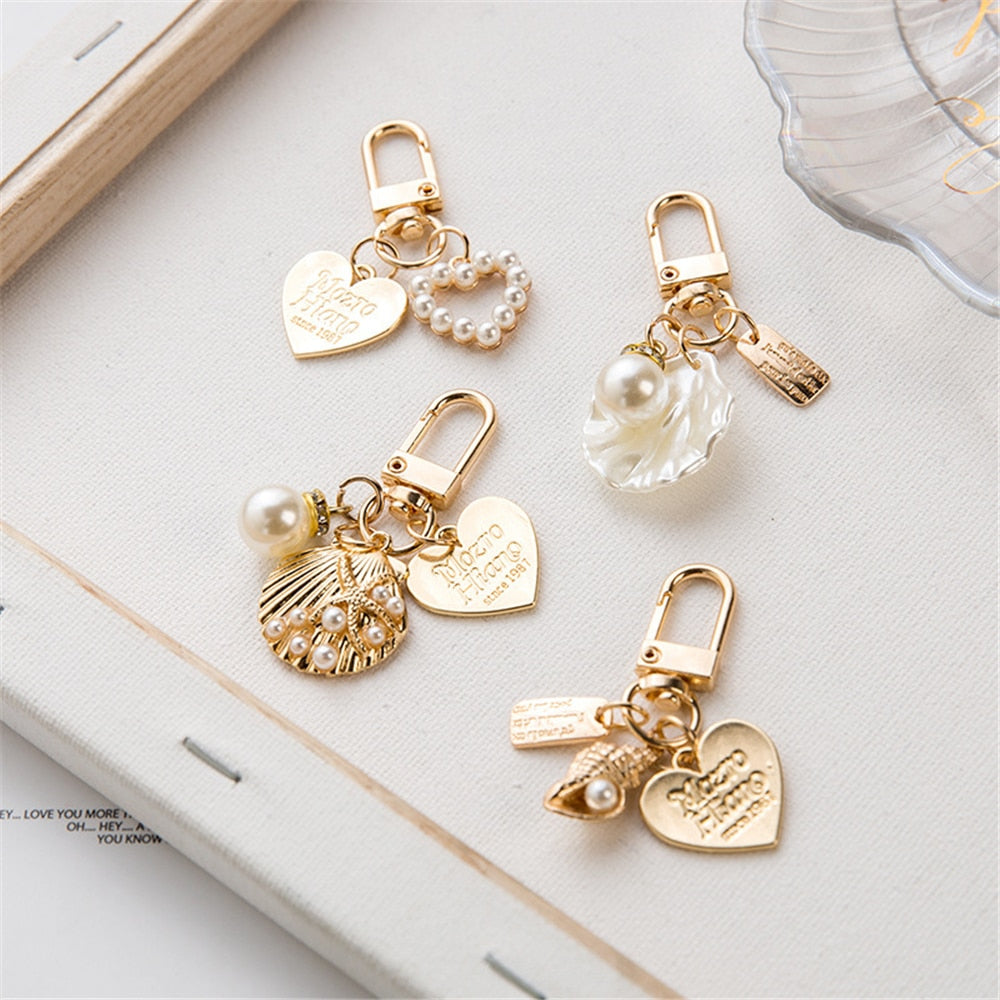 Women Girls Heart Keychain Fashion Letter Label Imitation Pearls Key Chain Pendant Handbag Hanging Accessories Keyring