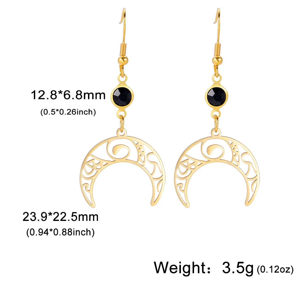 Triple Moon, Rune & Pentagram Hoop Earrings, Stainless Steel Witchy Amulet