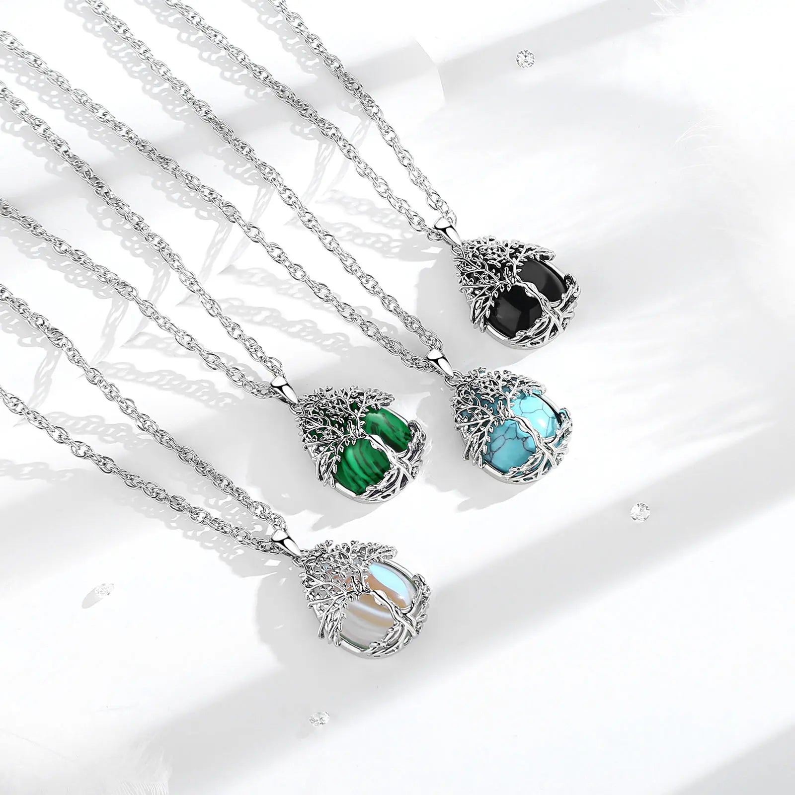 Tree of Life Multi-Crystal Pendant Necklace, Obsidian Amethyst Turquoise Healing Amulet