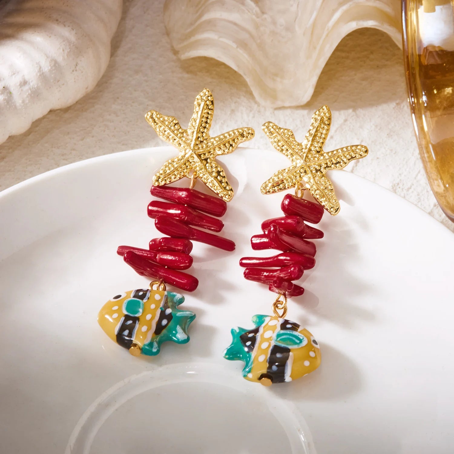 Ceramic Fish Starfish Coral Ocean Earrings Jewelry