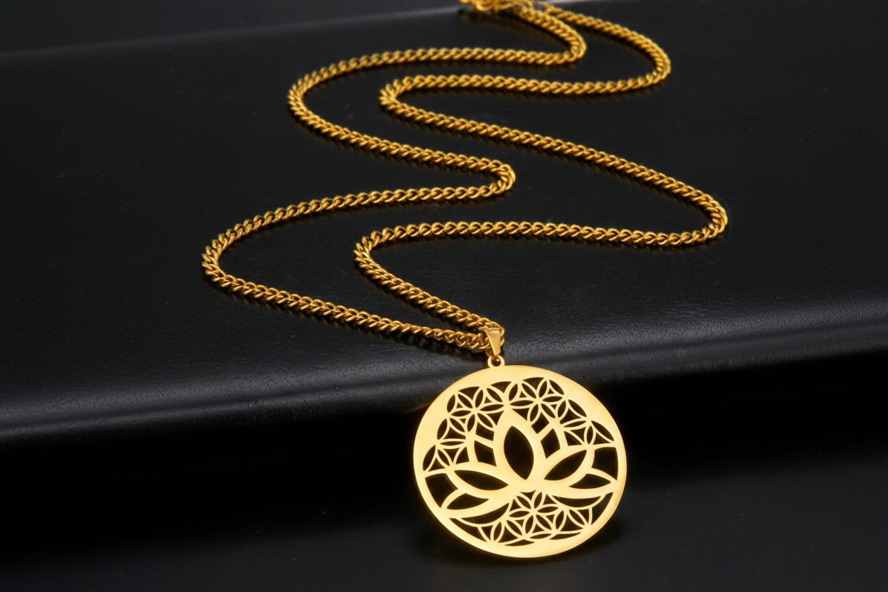 Lotus Flower of Life Pendant Necklace, Stainless Steel Buddhist Yoga Meditation Amulet