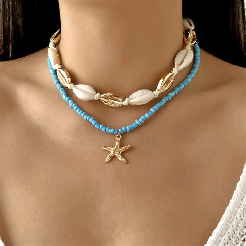 Gold Starfish Shell Rice Bead Choker Necklace Jewelry