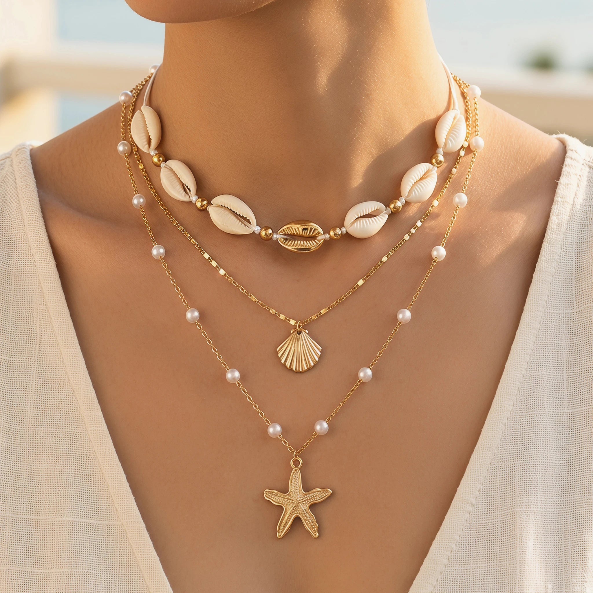 Cowrie Shell and Pearl Layered Boho Necklace Set (3 Pieces)