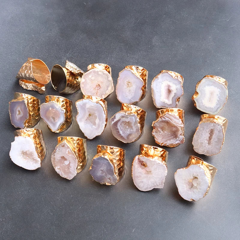 Irregular Natural Geode Stone Rings Agate Slices Wide Open Ring for Women Men Boho Resizable Finger Jewelry - Charlie Dolly